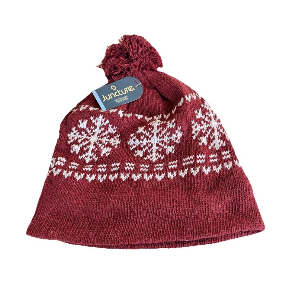 Red Beanie Cap Snowflakes Pom Pom 9in Knit Hat Lined Ski Warm US Seller cu